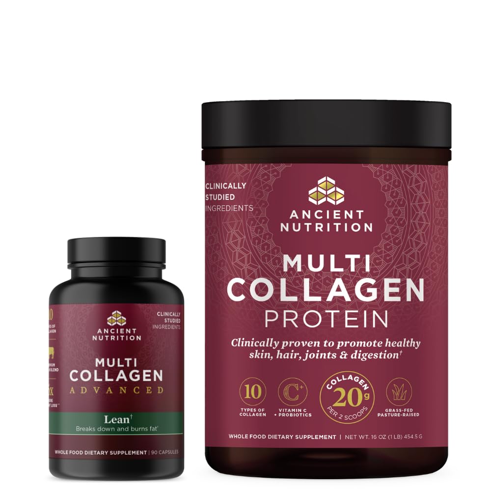 Ancient Nutrition Multi collagène Capsules avancées, Lean, 90 Nombre + Multi collagène poudre de protéines, Sans aromatisation, 45 portions