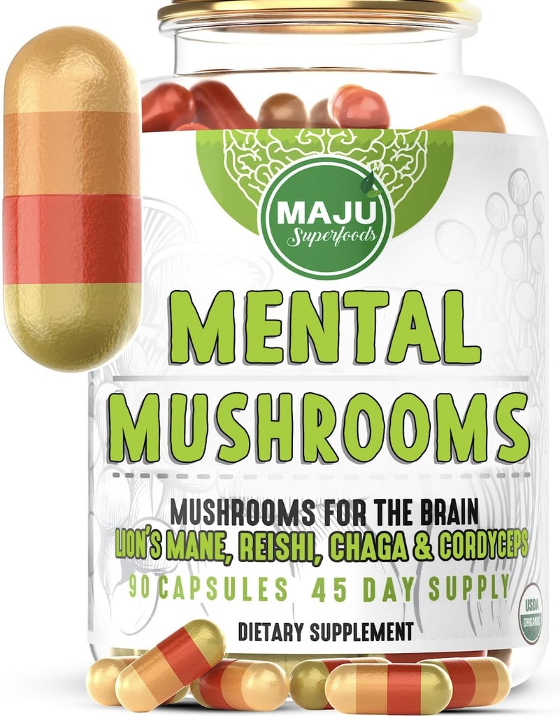Gélules de champignons MENTAL, Supplément d'extrait biologique avec Mane de Lion, Cordyceps, Reishi et Chaga, Boost Your Focus, Energy, Wellness and Immune System - Nootropic Mushrooms, Immune Support 90ct