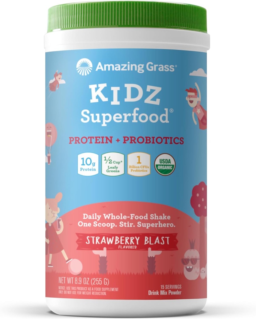 Amazing Grass Kidz Superfood: Protéines végétales et probiotiques pour les enfants avec poudre de racine de betterave et 1/2 tasse de vert-feuille, blast de fraise, 15 portions