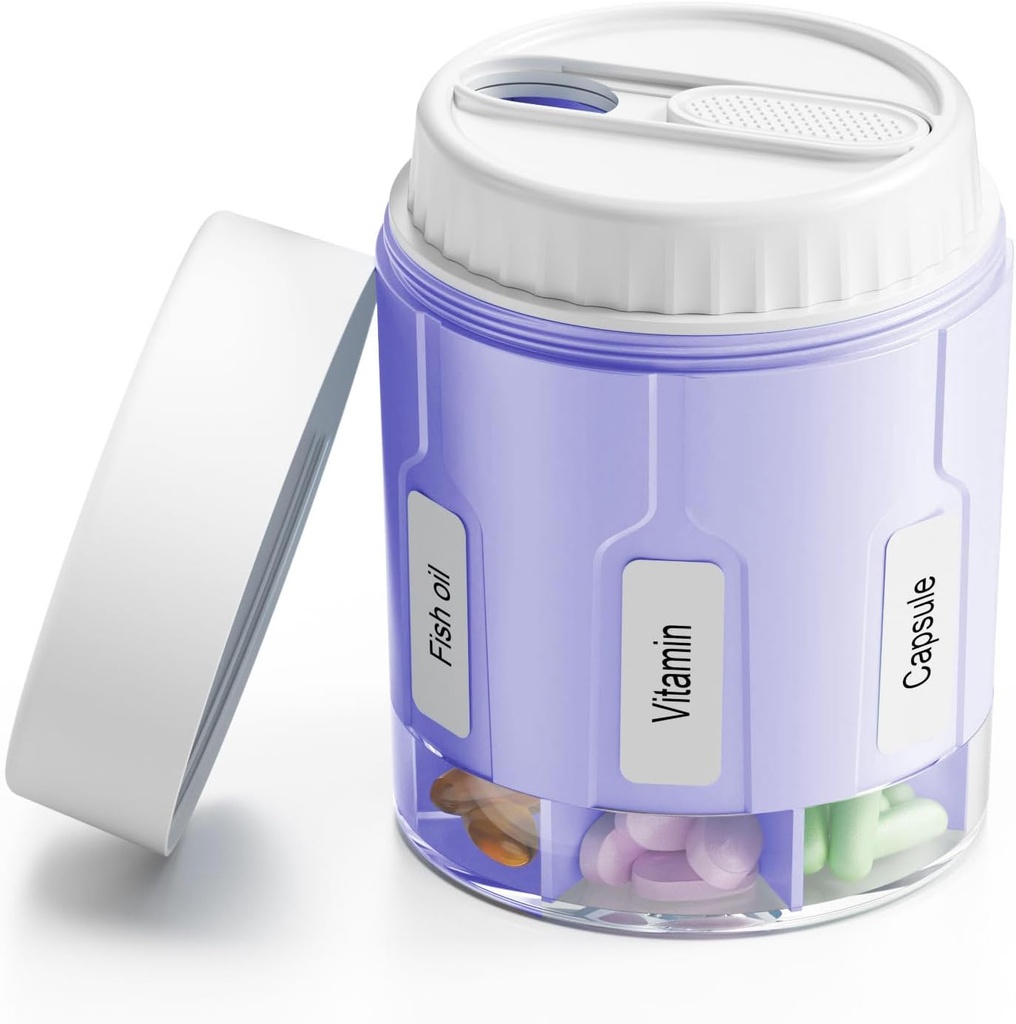 Organisateur de bouteilles Daviky Pill, organisateur de suppléments avec 7 grands compartiments, distributeur de pilules de voyage boîte à pilules ronde avec deux lids (Purple)