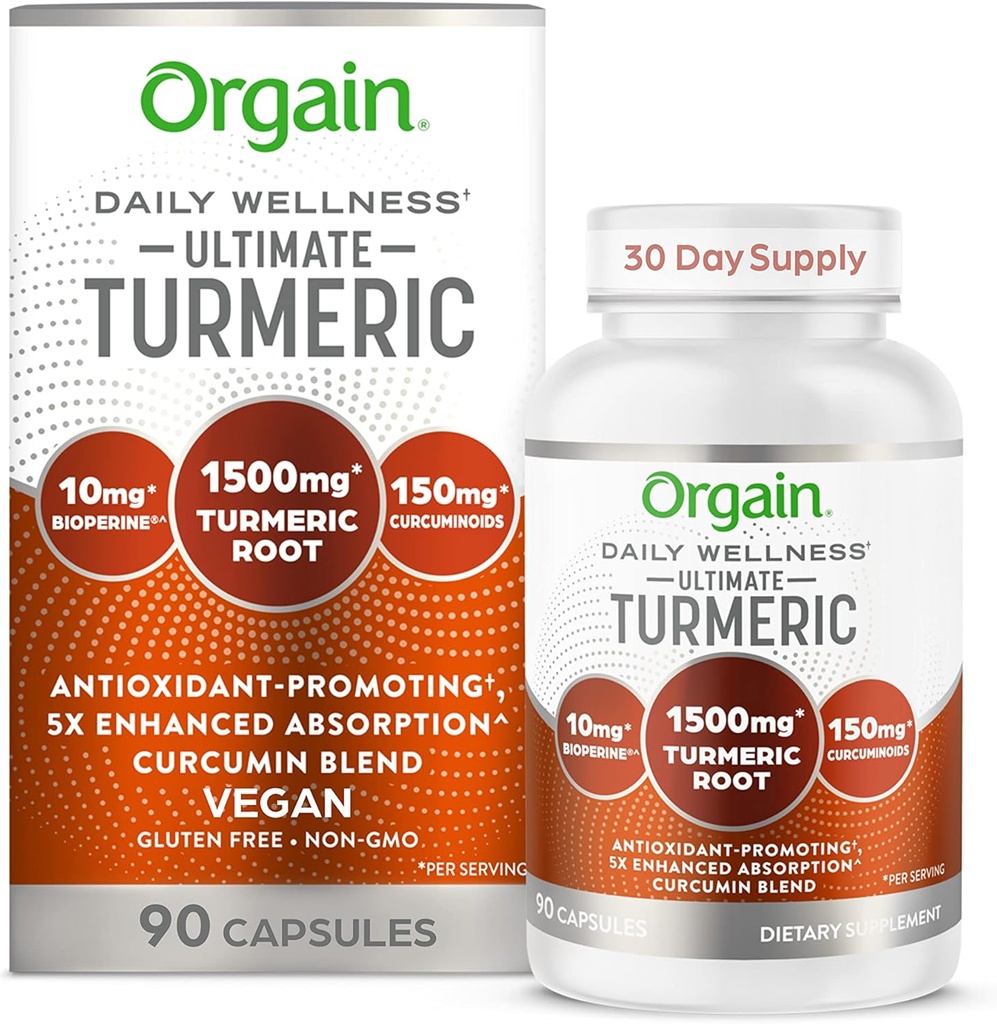 Orgaine Ultimate Turmeric Supplément 1500mg, Curcumine et Bioperine Black Pepper Extrait mélange à base de plantes, soutient l'antioxydant et la santé cardiaque - 90 Capsules, 1 mois d'approvisionnement