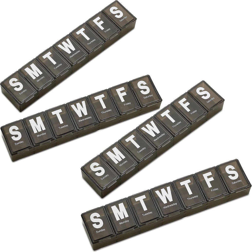 Organisateur hebdomadaire de pilules - (paquet de 4) grand récipient de vitamine extra avec Jumbo facile à lire lettres, BPA gratuit - voyage quotidien 7 jours médicaments Pill Box cas, (noir)