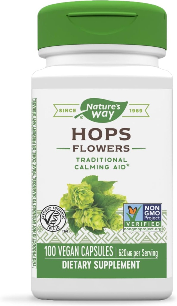 NatureS Way Hops Flowers - Aide au calmant traditionnel* - 620 mg Hops Flowers par portion de 2 capsules - Supplément à base de plantes - Vegan, sans gluten et sans lait - 100 capsules
