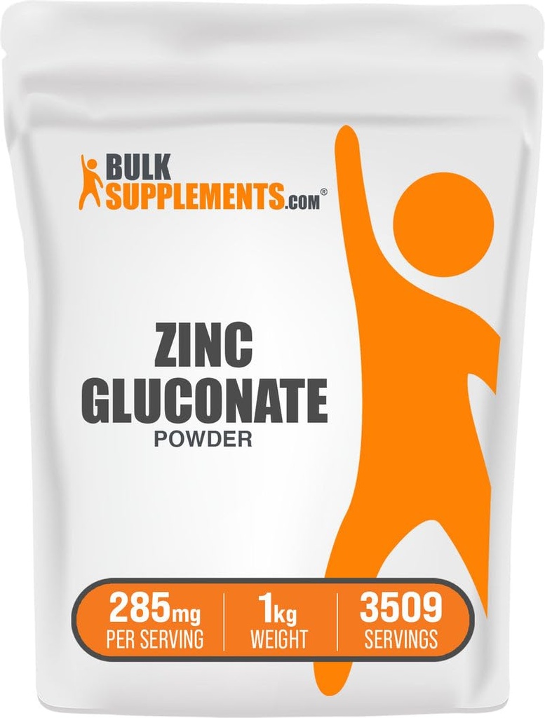 BulkSupplements.com Poudre de gluconate de zinc - Zinc 40mg, supplément minéral pour le support immunitaire - sans gluten, 285mg par portion, 1kg (2,2 lbs) (paquet de 1)
