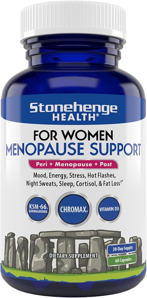 Stonehenge Health for Women Ménopause Support for Peri + Ménopause + Post - Mood, Energy, Stress, Hot Flashes, Sweats de nuit, Sommeil et Cortisol, Chromium Chromax, Vitamine D3, KSM-66 Extrait d'Ashwagandha