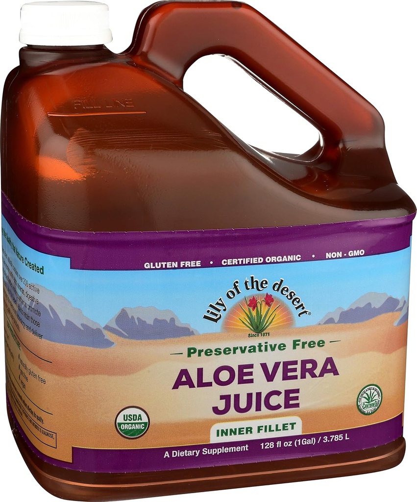Lys of the Desert Aloe Vera Juice - Filet intérieur biologique, sans réserve Aloe Vera boisson avec des enzymes digestives naturelles pour la santé Gut, Soulagement de l'estomac, Bien-être, Peau Glowing, 128 Fl Oz