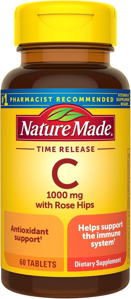 Nature faite de vitamine C 1000 mg avec des hanches roses, supplément alimentaire pour le soutien immunitaire, 60 comprimés de libération de temps, 60 jours d'approvisionnement