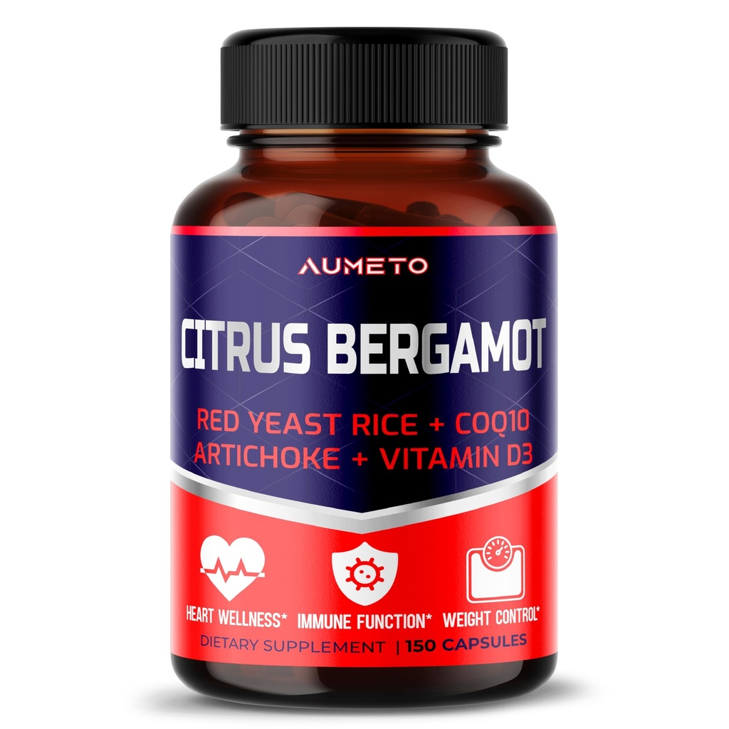 Supplément d'agrumes Bergamote avec le riz rouge de levure, CoQ10, artichaut, vitamine D3 - Soutien général de la circulation de mieux-être et système immunitaire (150 comte (paquet de 1))