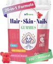 20-en-1 Peau de cheveux et ongles Gommies, Vitamines de biotine capillaire pour les femmes et les hommes avec 10000 mcg Biotine, Vitamines A, C, D, E pour la croissance des cheveux et une peau saine, Saveur de pêche blanche, 90 Gommies