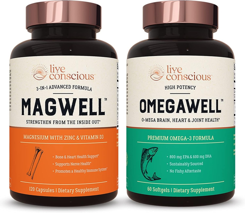 Huile de poisson OmegaWell et MagWell Magnésium Zinc et Vitamine D3-S Santé des os et du coeur, soutien du système immunitaire + soutien du cœur, du cerveau et des articulations