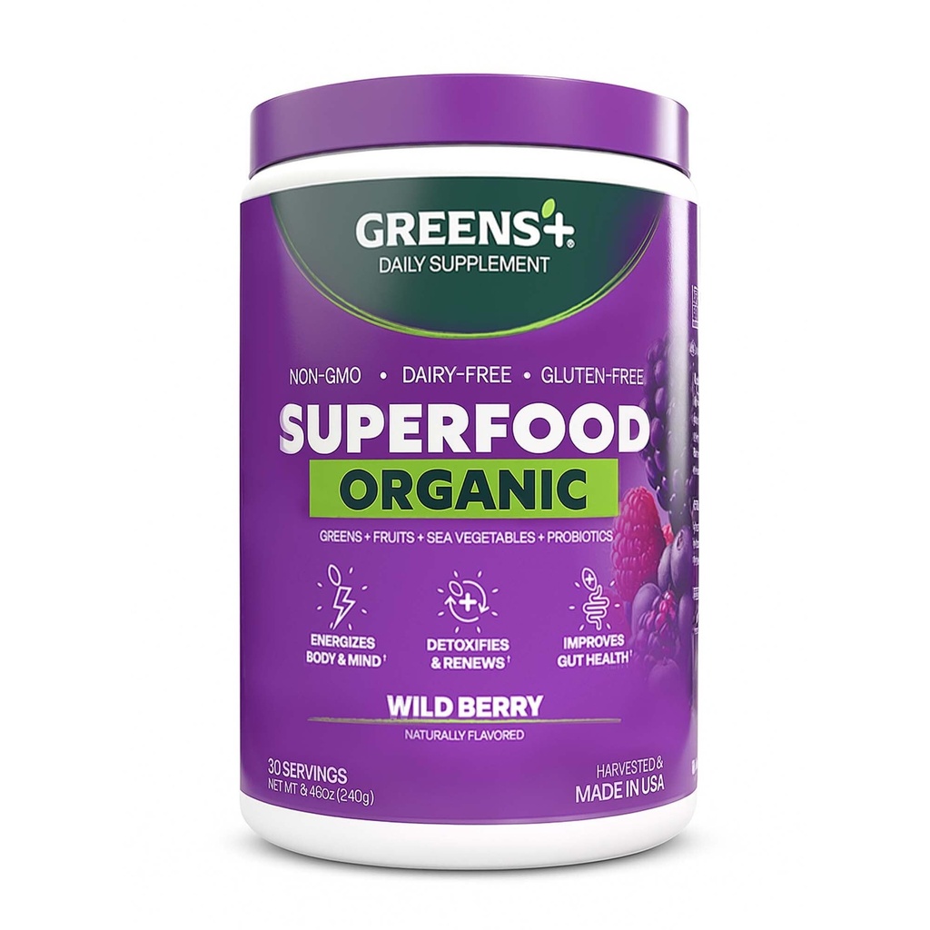 Greens+ Poudre biologique de berry sauvage, Polyphénol antioxydant, Mélange pour le coup de pied matinal, énergie, stimulation de la vitalité, nutrition, santé vive, supplément alimentaire, soja végétalien/lait/sans gluten (8,46oz)