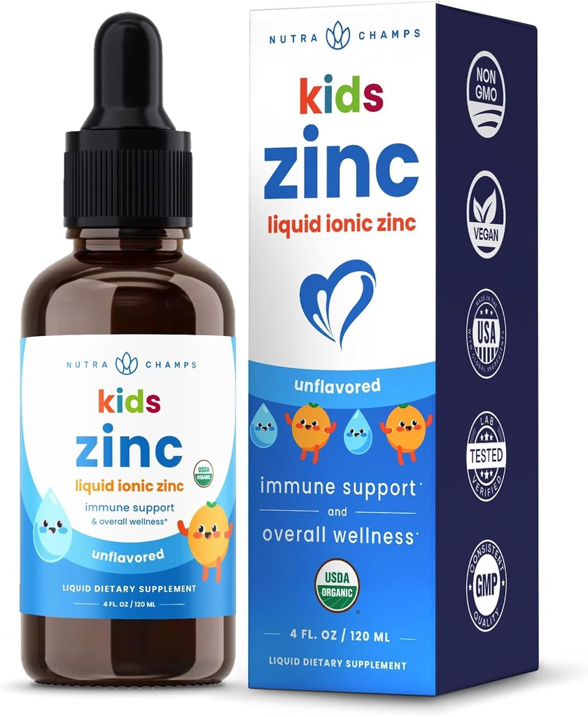 NutraChamps Liquid Zinc Drops for Kids, Ionic Zinc Drops Enhanced with Vitamin C for Children, Sugar-Free 4 oz, Vegan & Non-GMO, Tangerine, 60 Servings, 2 Month Supply