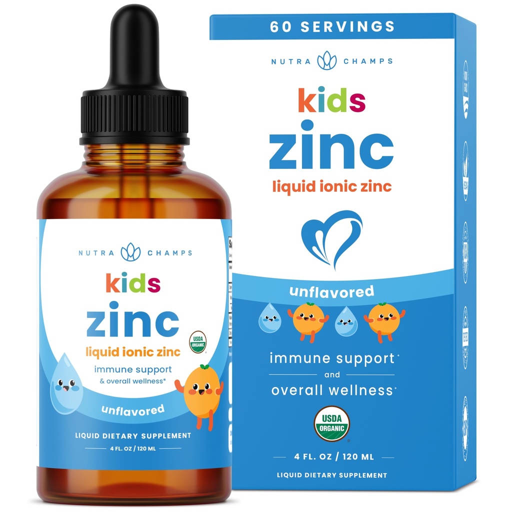 NutraChamps gouttes de zinc liquide pour les enfants, gouttes de zinc ionique amélioré avec la vitamine C pour les enfants, sans sucre 4 oz, végétalien et non-OGM, Tangerine, 60 portions, 2 mois d'approvisionnement