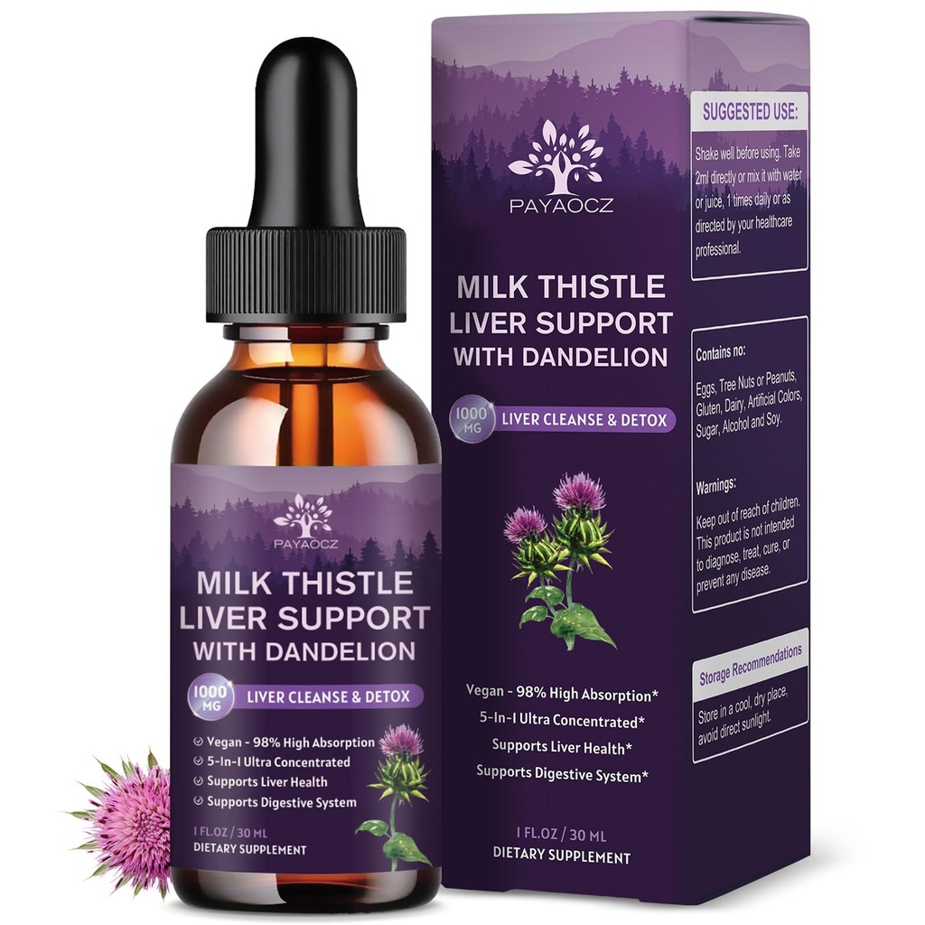 (4 Pack) Lait de chardon gouttes liquides Silymarin 1000mg, supplément hépatique Détox et nettoyage avec dandelion et artichaut, extrait de chardon de lait biologique pour le soutien de la santé du foie, végétalien, non-OGM, 1 Fl Oz