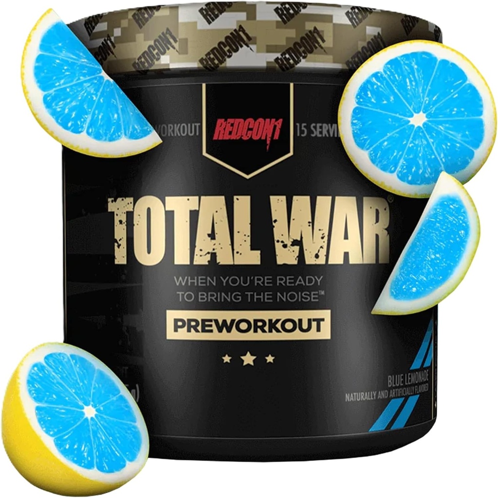 REDCON1 Total War Pre Workout, Blue Lemonade - Endurance, Alerte, Pompe Boosting Citrulline Malate & Beta Alanine - Fast Aging, Caffeined Preworkout pour les hommes et les femmes (15 portions)