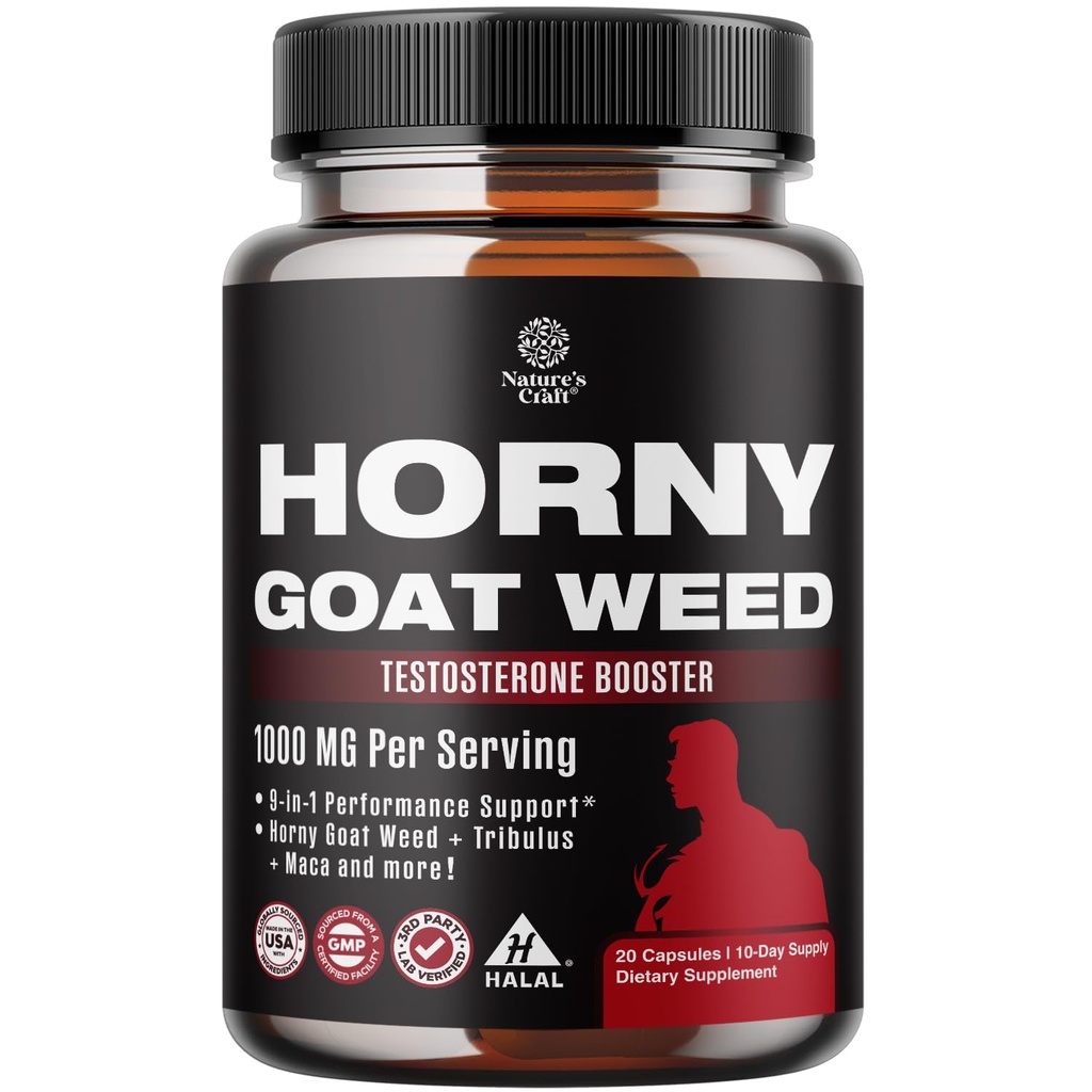 Weed Horny Goat pour Male Enhancement - Extra Streng Horny Goat Weed pour Homme 1000mg par complexe de service avec Tongkat Ali Saw Palmetto Extrait Panax Ginseng et Black Maca Root pour Stamina & Energy