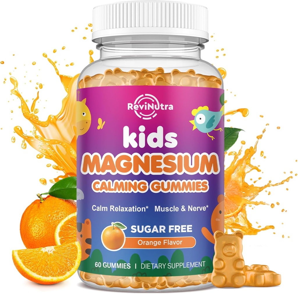 Gommies de magnésium pour les enfants - Supplément de magnésium glyciné pour le sommeil, le cerveau, l'immunité et la santé des os - Grande dégustation Gommies de magnésium pour les enfants et les adultes - Orange sans sucre végétalien 60ct