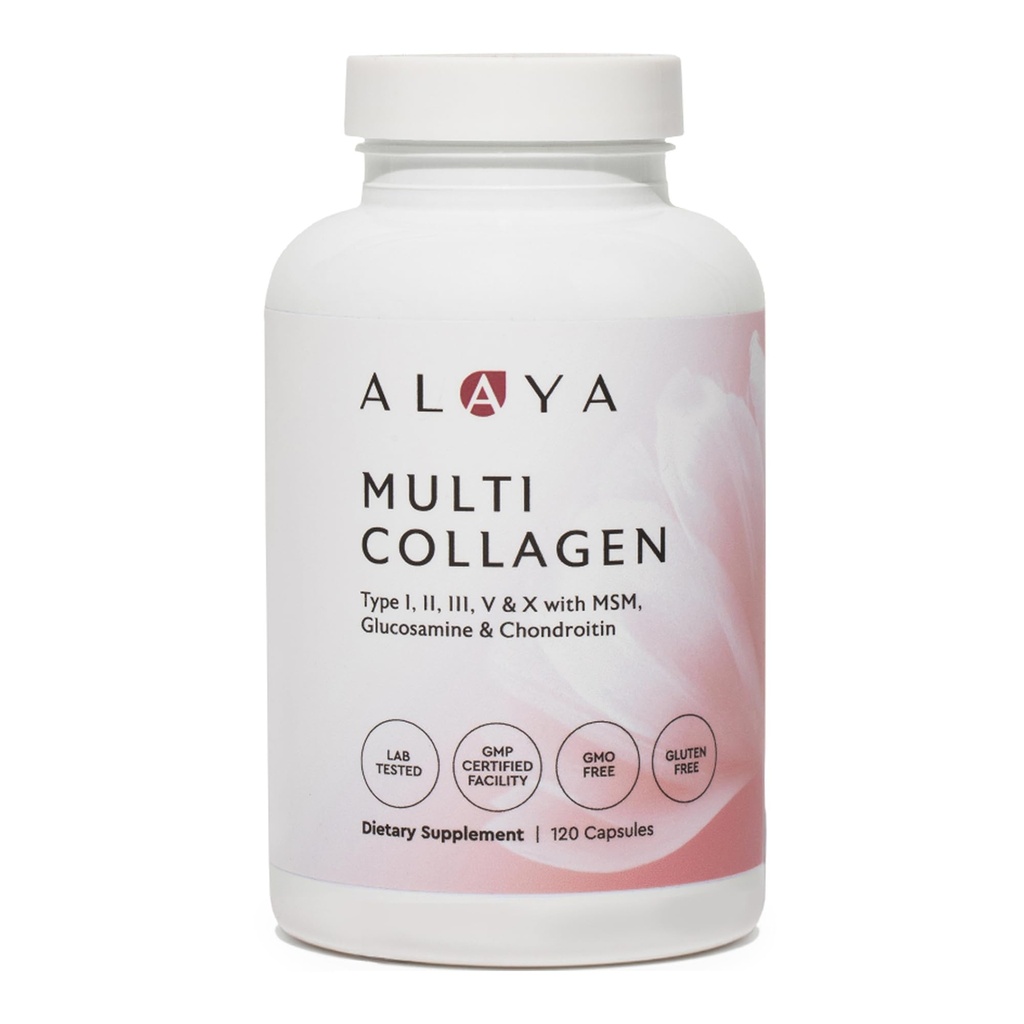 Alaya Naturals Hydrolysed Multi Collagen Peptides Protein Capsules - Type I, II, III, V, X Bovine alimentée à l'herbe, poulet, supplément de collagène marin avec MSM + GC (Capsules - 120 Nombre)