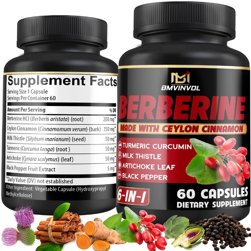 Supplément berbère avec cannelle Ceylan, curcuma, artichaut, chardon de lait - Pilules de supplément de HCl berbère - 60 capsules [2 mois]