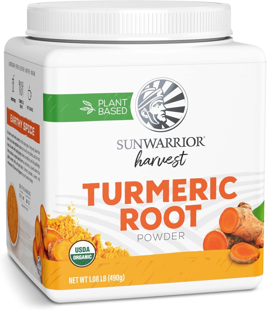 Sunwarrior Organic Turmeric Root Powder | Pure Raw Superfood Powder for Baking Smoothies and Curry | USDA Non-GMO 490g Tub (70 SRV) Organic Harvest