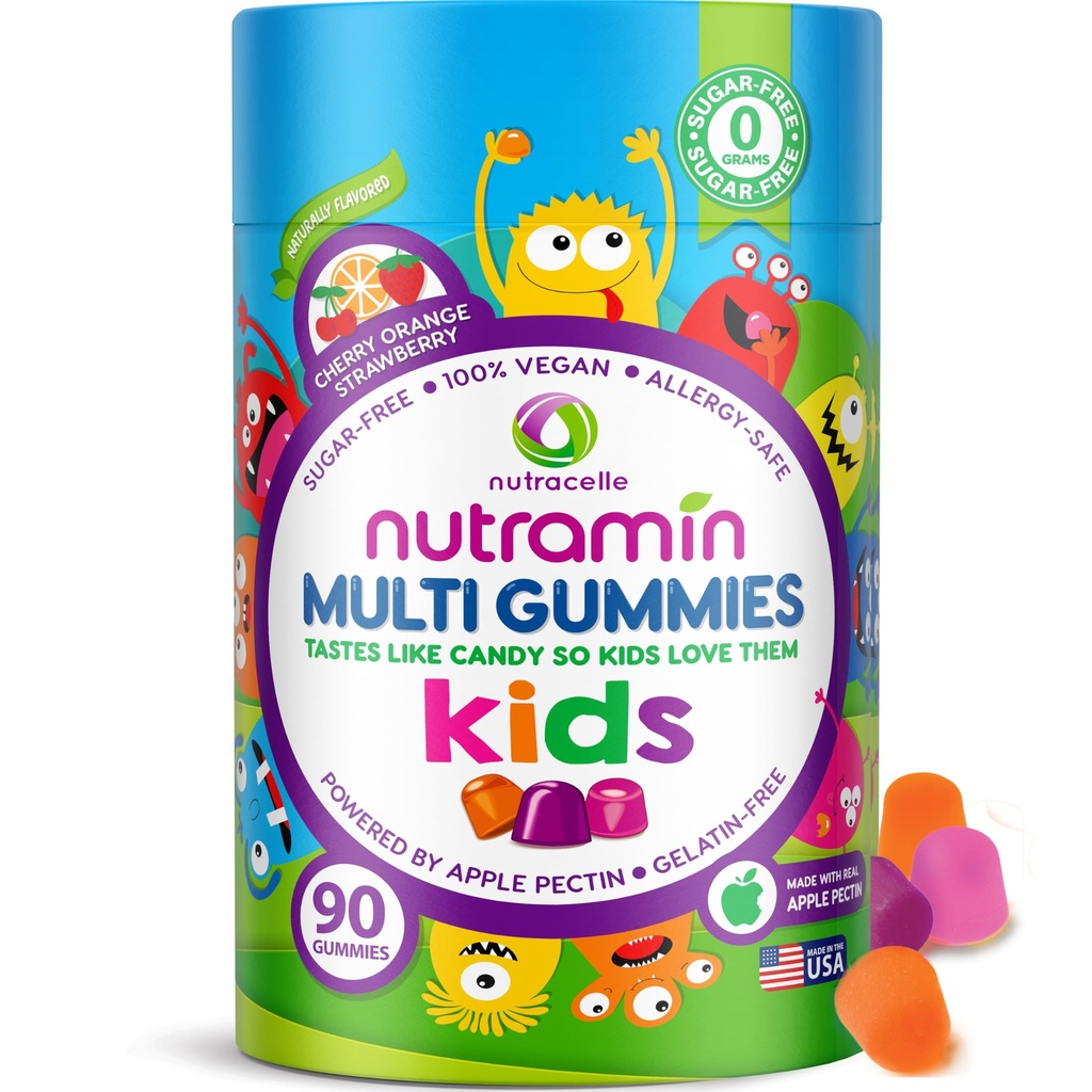 Nutracelle NUTRAMIN sans sucre, sans allergènes Multivitamines Gummy 100% Vegan pour les enfants - Grande dégustation de gummies naturelles vos enfants vont adorer - 90 comte bouteille