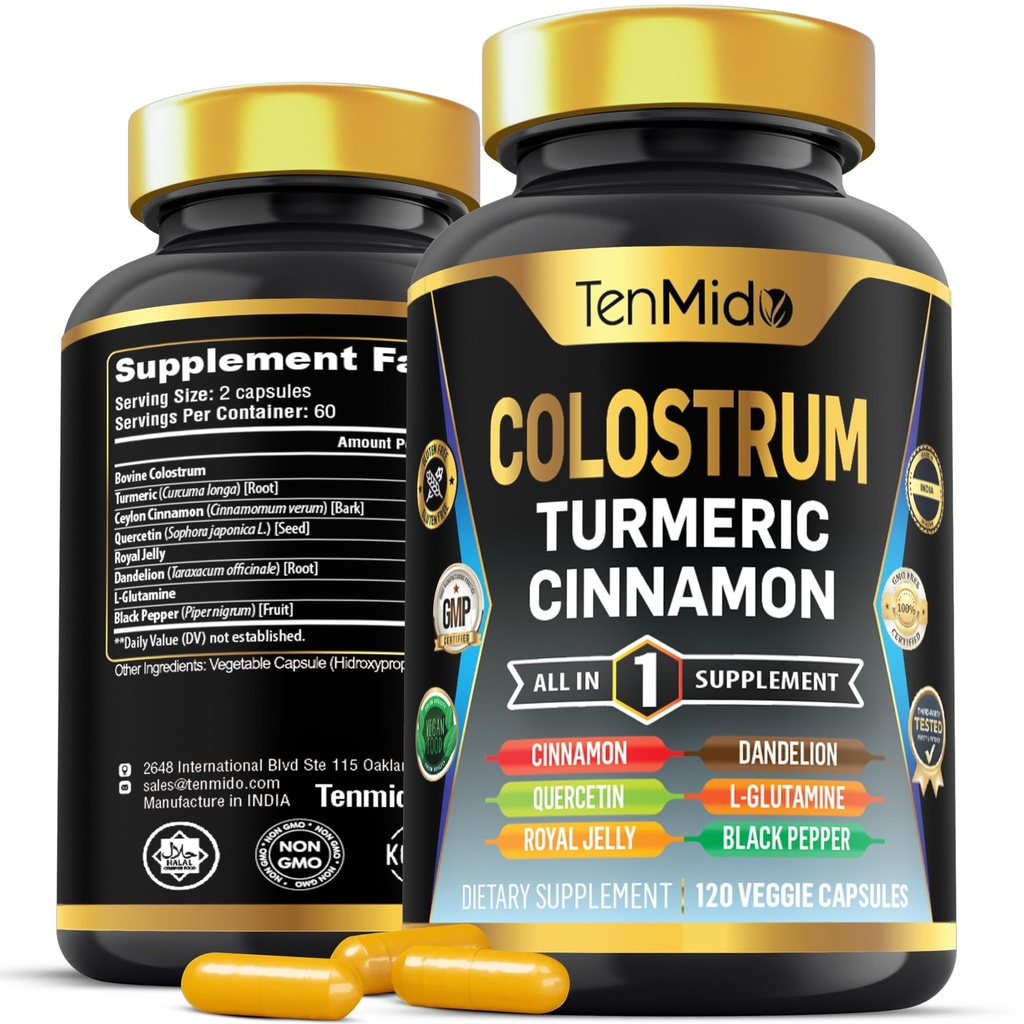 Colostrum Supplement - 8in1 Formula - Combine with Turmeric, Ceylon Cinnamon, Quercetin, Royal Jelly, Dandelion, L- Glutamine, and Black Pepper - Digestive Health Support - 120 Capsules