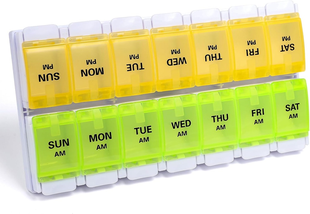 Sukuos AM PM Organisateur hebdomadaire de pilules 7 jours, 2 fois par jour Boîte à pilules de médecine avec bouton poussoir facile, caisses de vitamine sans BPA pour huile de poisson / suppléments, facile à nettoyer (jaune et vert)