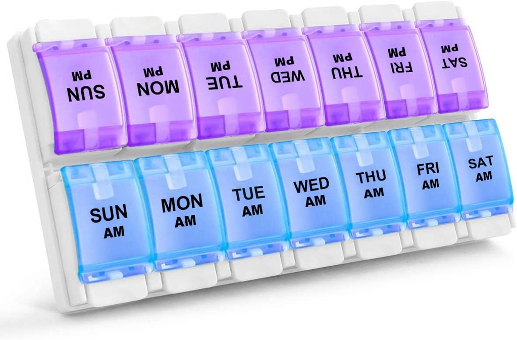 Sukuos AM PM Hebdomadary 7 Day Pill Organizer, 2 fois par jour Pill Box with Arthritis Friendly Push Button, boîtes de médicaments pour les vitamines, huile de poisson et suppléments, facile à nettoyer (Purple et bleu)