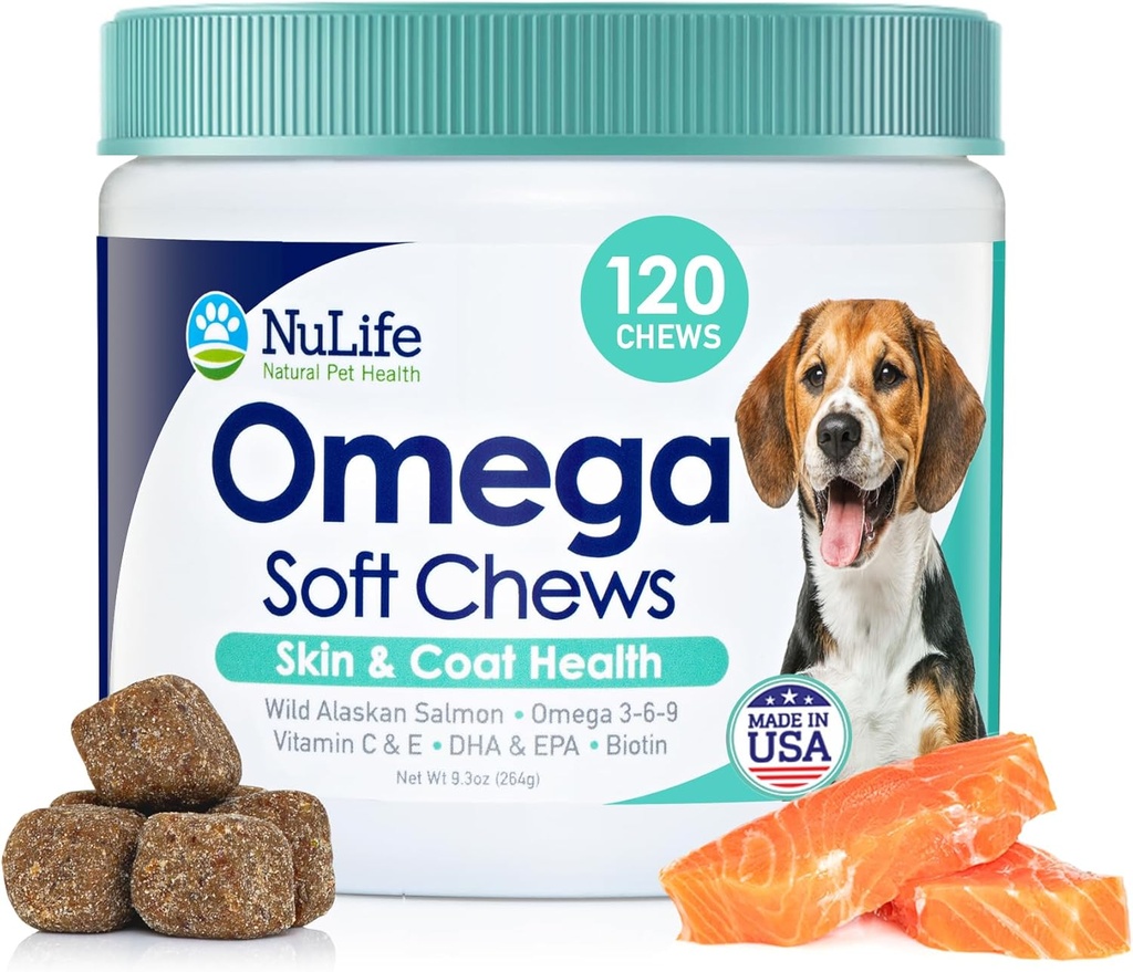 Omega Skin and Coat Chews for Dogs, Wild Salmon Dog Treats with Biotin & Vitamine E, Aide à la peau démangeaison, Allergie Relief & Shedding, Omega 3 6 9, EPA & DHA Fatty Acids, Made in USA, 120 Chews