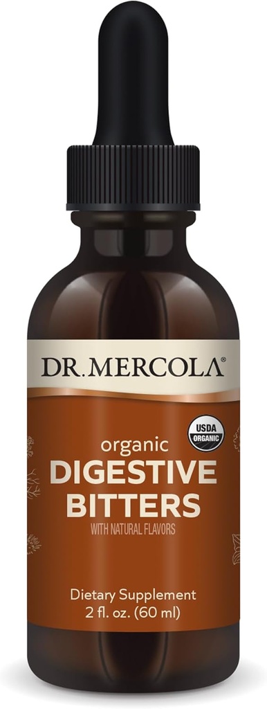 Dr. Mercola Organic Digestive Bitters Liquid Drops - Soutien de la santé digestive - Formule sans alcool - Caractéristiques Root, Dandelion Leaf, Fennel Seed & More - 2 fl. oz. (30 portions)