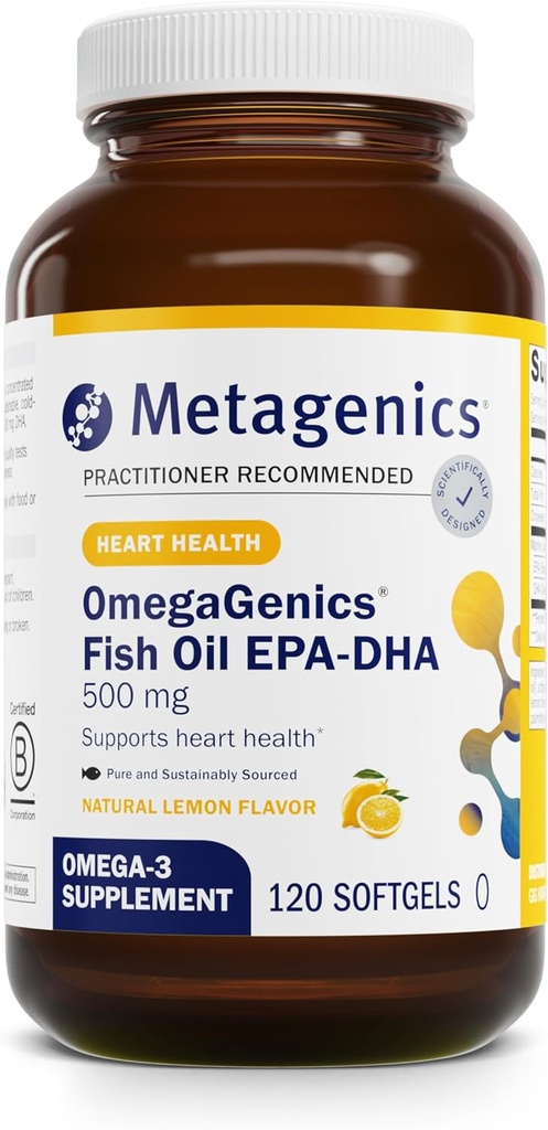 Métagène OmegaGenics EPA-DHA 500 - Supplément d'huile de poisson de haute puissance pour la santé cardiovasculaire* - Source durable et pureté testée - Non-OGM et sans gluten - 120 softgels