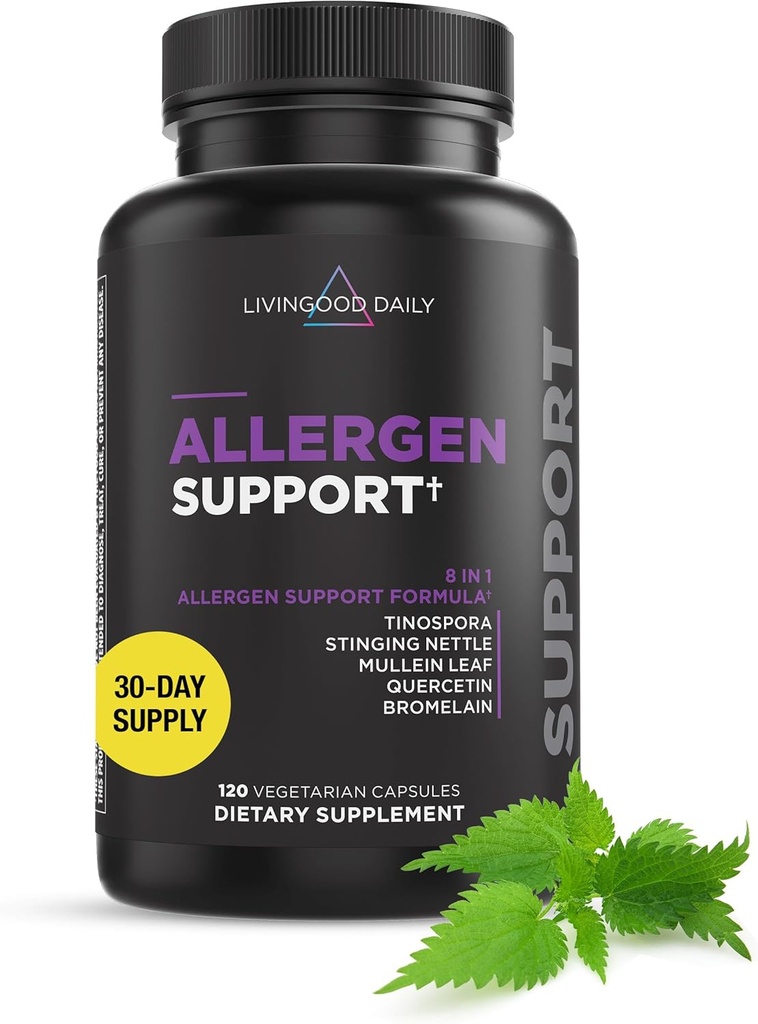 Livingood support d'allergène quotidien, supplément d'allergie naturelle avec vitamine C, Quercetin, Nettle Leaf, Zinc, Bromelain & Tinospora, non OGM, végétalien, formule de soutien immunitaire, 120 capsules végétariennes