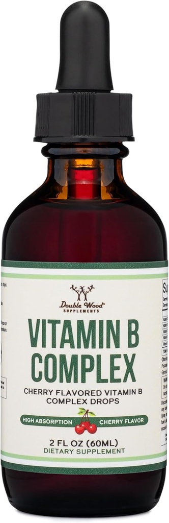 Double Wood Complements Complexe de vitamine B liquide - 2 mois d'approvisionnement - Absorption maximale - B3, B6, B7 (Biotine), B9 et vitamine B12 - Saveur de cerise - 2 FL OZ
