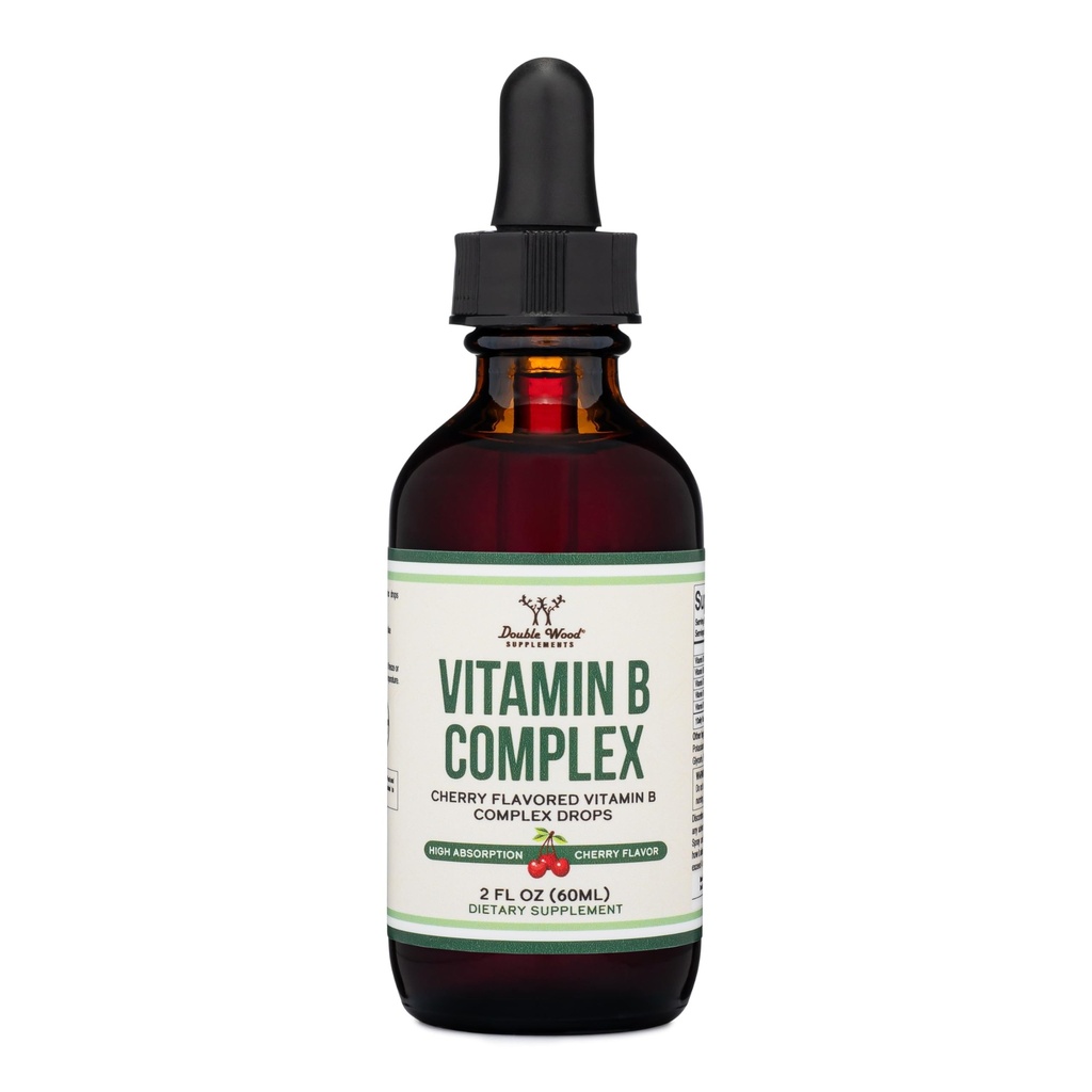 Double Wood Complements Complexe de vitamine B liquide - 2 mois d'approvisionnement - Absorption maximale - B3, B6, B7 (Biotine), B9 et vitamine B12 - Saveur de cerise - 2 FL OZ