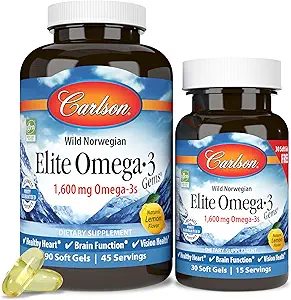 Carlson Elite Omega-3 Gems 1600 mg Omega 3 Acides gras incluant EPA & DHA - Norvégien, supplément d'huile de poisson d'origine sauvage, capsules d'huile de poisson Omega 3 Citron - 90+30 Softgels