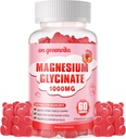 Glycinat de magnésium Gommies 1000mg - Supplément de potassium de magnésium sans sucre avec vitamine D, B6, CoQ10 pour l'humeur calme et le soutien du sommeil - 60 Gommies de fraise