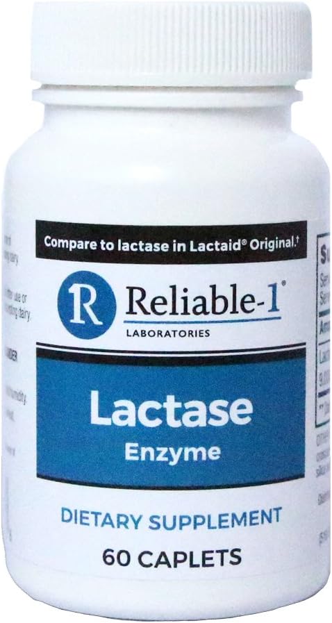 RELIABLE 1 LABORATOIRES Supplément alimentaire enzymatique à la lactase (60 capsules, 1 bouteille) - Aide à prévenir le gaz, le gonflement et la diarrhée des produits à base de lait