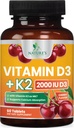 Vitamine D 2000 UI 50mcg par comprimé - Vitamines D3 & K2 (MK7) Supplément complexe pour os, dents, muscles, absorption de calcium, soutient la santé immunitaire et cardiaque, formule à croquer USA mis en bouteille - 60 comprimés