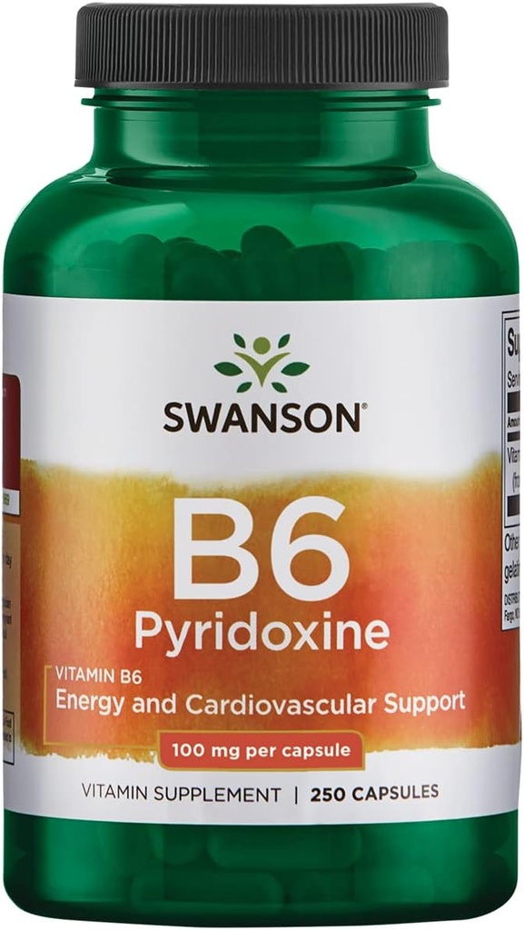 Swanson B6 Pyridoxine - Supplément de vitamine favorisant la santé cardiovasculaire et le métabolisme énergétique - Formule naturelle favorisant le mieux-être général - (250 capsules, 100 mg chacune)