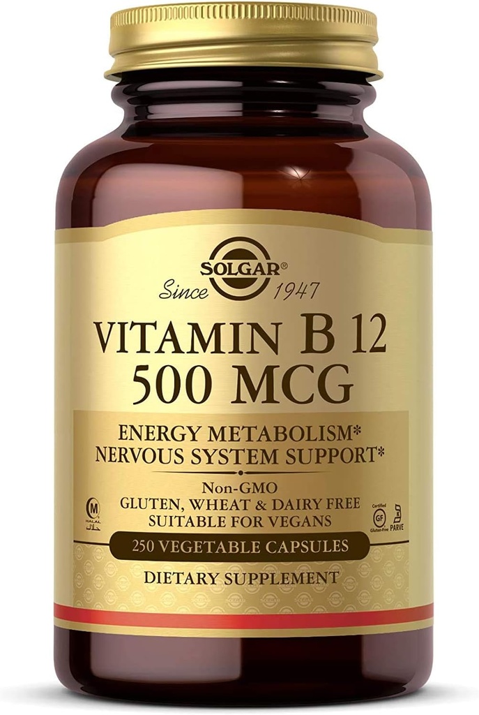 Solgar Vitamine B12 500 mcg, 250 capsules végétales - Métabolisme énergétique - Soutien du système nerveux - Promotion de la santé cardiaque - Non-OGM, végétalien, sans gluten, sans laiterie, casher, halal - 250 portions