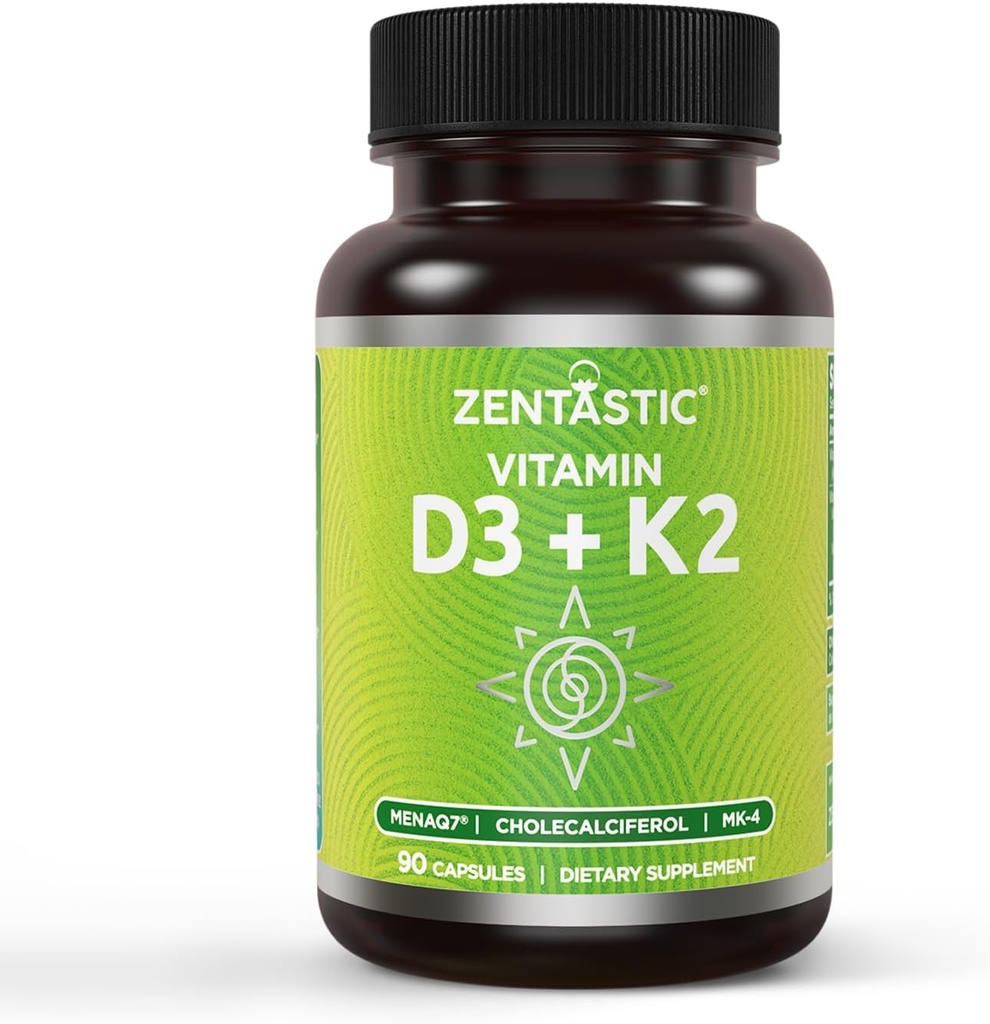 Vitamine Zentastique D3 K2, 5000IU & 200mcg, Vitamine D & breveté MK7 & MK4 pour le support complexe 3-en-1 - Végétarien, Non-OGM, 90 capsules