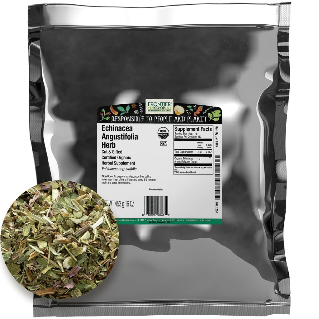 Frontier Co-op Echinacea Organic Angustifolia Herb, sac en vrac de 1 lb - coupé et tamisé, séché - Idéal pour les utilisations de thé et d'herbes de racines d'échinacea, casher