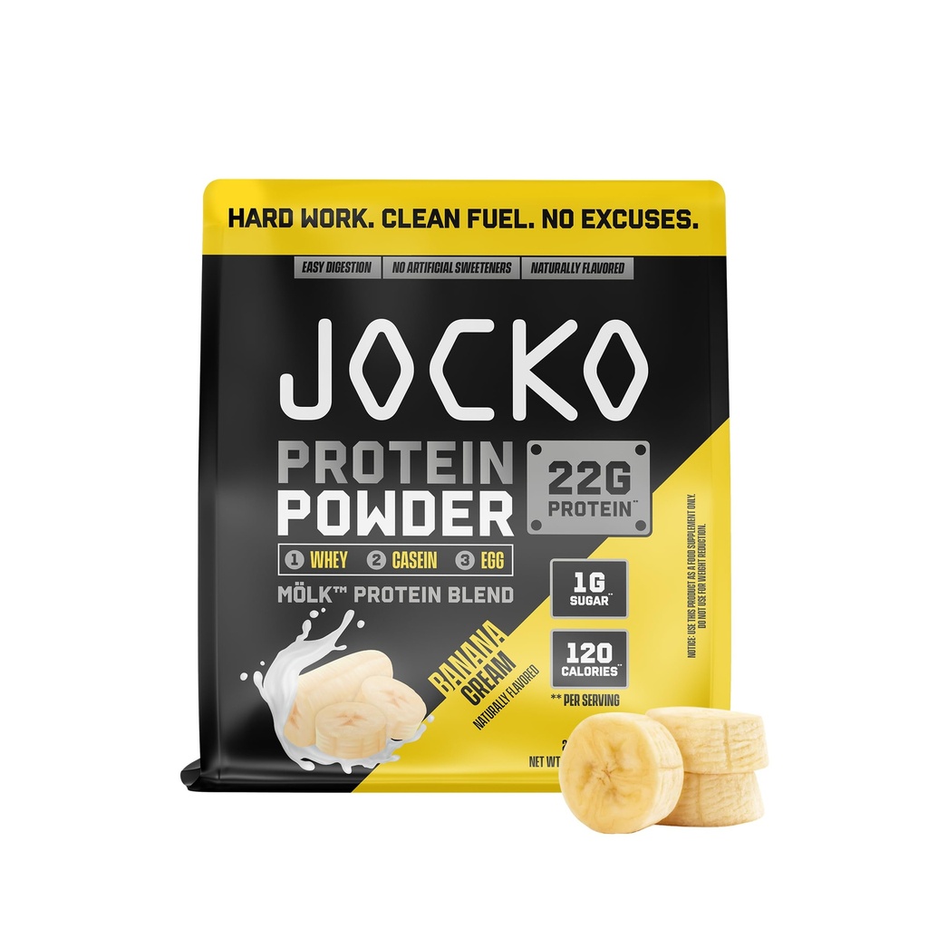Jocko Carburant Mölk Whey Poudre de protéines 22g Mélange de fruits à faible teneur en sucre - Récupération et croissance musculaires, Emballage Mai Vary (28 portions, Crème de banane)