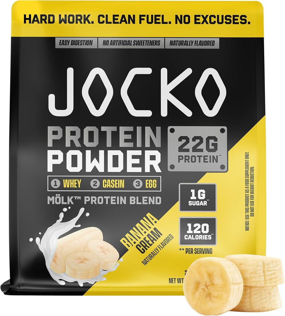Jocko Carburant Mölk Whey Poudre de protéines 22g Mélange de fruits à faible teneur en sucre - Récupération et croissance musculaires, Emballage Mai Vary (28 portions, Crème de banane)