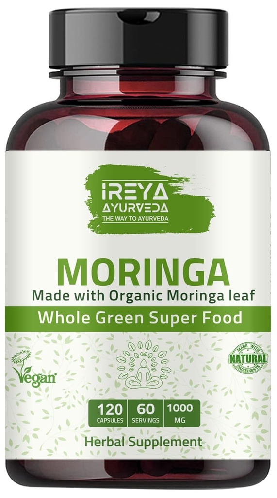 Moringa Capsule 1000 mg (120 capsules), Moringa Capsules en poudre en poudre de Moringa Bio Poudre de feuille de Moringa