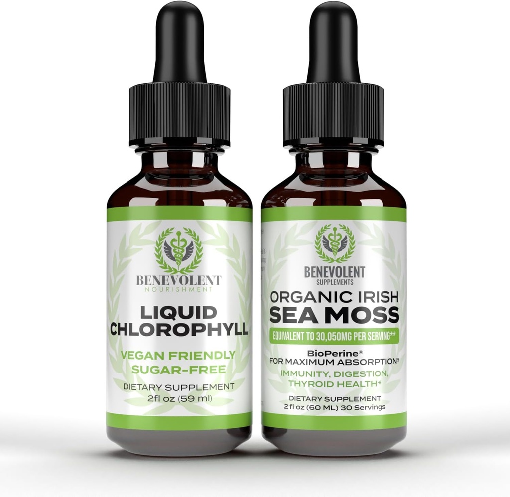 Benevolent Chlorophyll Liquid Drops + Irish Sea Moss Drops 2oz, 4 Month Supply Liquid Chlorophyll Supplement for Internal Deodorizer & Radiant Skin