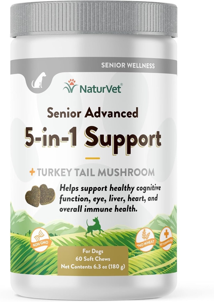 Supplément avancé 5-en-1 pour chien de soutien NaturVet Senior – aide à soutenir le système immunitaire, le cœur, le foie, la fonction cognitive, la santé oculaire – comprend Ginkgo Biloba, Lutein – 60 Ct.