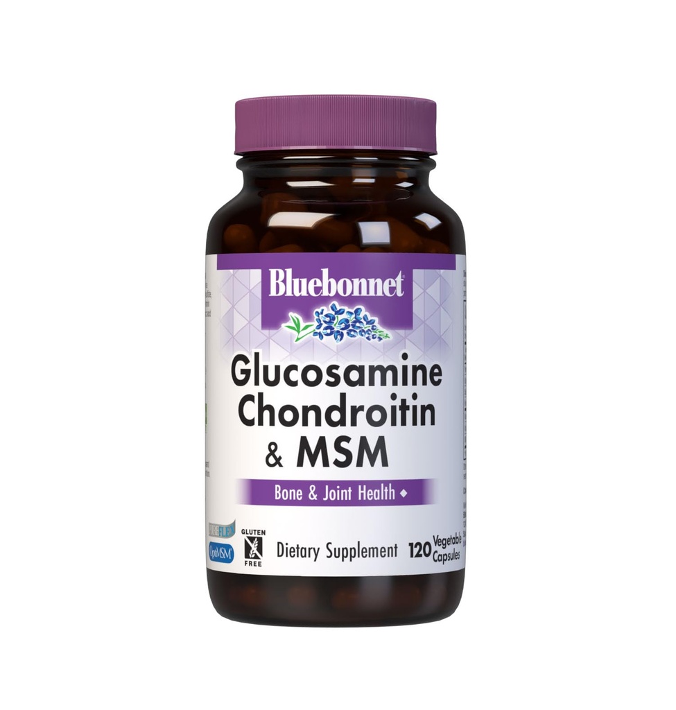 Bluebonnet Nutrition Glucosamine Chondritine et MSM, Glucosamine, os et santé articulaire*, non-OGM, sans gluten, sans soja, sans lait, 120 capsules végétales, 40 portions