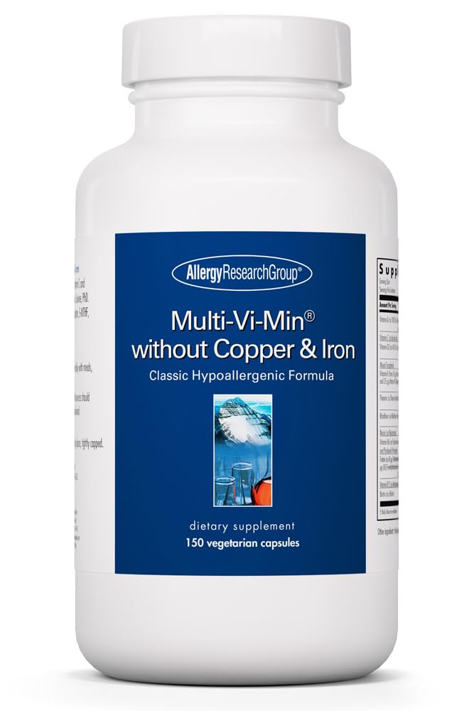 Groupe de recherche sur les allergies Multi-Vi-Min Sans Cuivre et Fer - Multivitamine pour les hommes et les femmes, Complexe minéral, Nutriments actifs, avec Iodine - 150 Compte