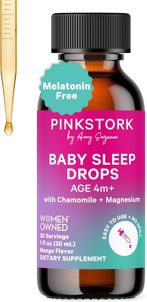 Pink Stork gouttes de sommeil bébé, naturellement soutenir le sommeil sans mélatonine pour les nourrissons, les tout-petits et les enfants, aide au sommeil avec camomille et Magnésium, Baby Essentials for Bedtime, 1 oz, 30 portions